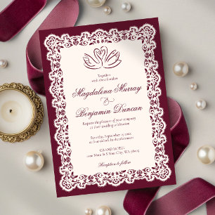 Convites Casamento de Cisnes Burgundy Elegantes com Renda I