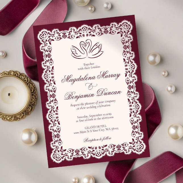 Convites Casamento de Cisnes Burgundy Elegantes com Renda I (Criador carregado)