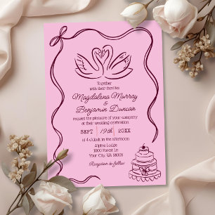 Convites Casamento de Cisnes Burgundy Retro Desenhado à Mão