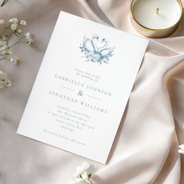 Convites Casamento de Cisnes Florais Vintage Azul (Criador carregado)