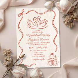 Convites Casamento de Cisnes Laranja Retro Desenhado à Mão