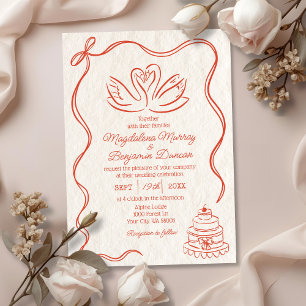 Convites Casamento de Cisnes Laranja Retro Desenhado à Mão 