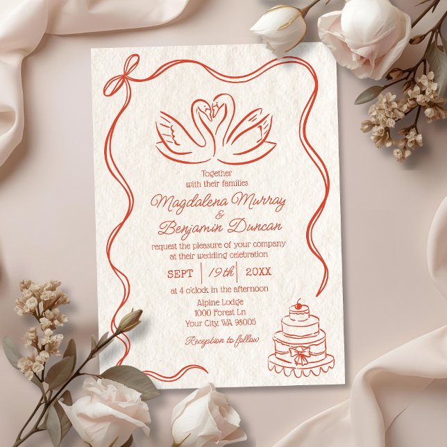 Convites Casamento de Cisnes Laranja Retro Desenhado à Mão  (Criador carregado)