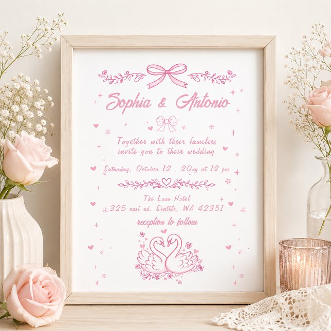 Convites Casamento de Cisnes Rosa Desenhados à Mão Capricho (Whimsical Doodle Hand Drawn Pink Swans Wedding Invitation)