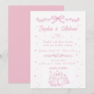 Convites Casamento de Cisnes Rosa Desenhados à Mão Capricho