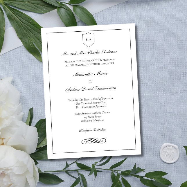 Convites Casamento de Classe Elegante Formal Tradicional do (Monogram Crest Black White Minimalist Traditional Classic Formal Wedding Invitation)