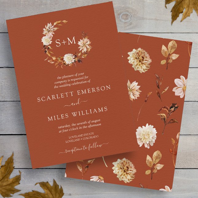 Convites Casamento De Cobre Fall Terracotta Monograma Wreat (Copper Fall Terracotta Monogram Wreath Wedding Invitation by Painted Paperie
)
