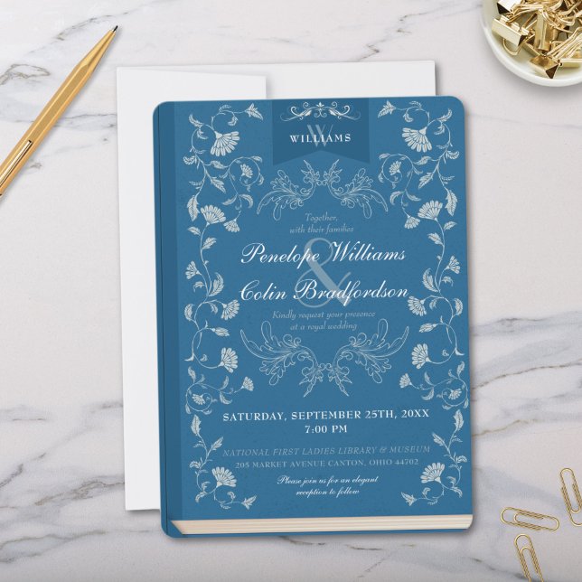 Convites Casamento de Cobrir de Livro Azul Elegante Dois To (Elegant Teal Blue Library Book Cover Wedding Invitation with Monogram and Formal Calligraphy Script)
