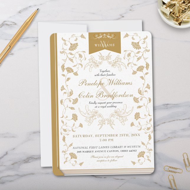 Convites Casamento de Cobrir de Livro Floral Dourado e Bran (Elegant Vintage White and Gold Damask Floral Book Cover Wedding Invitation Two Tone Minimal Design)