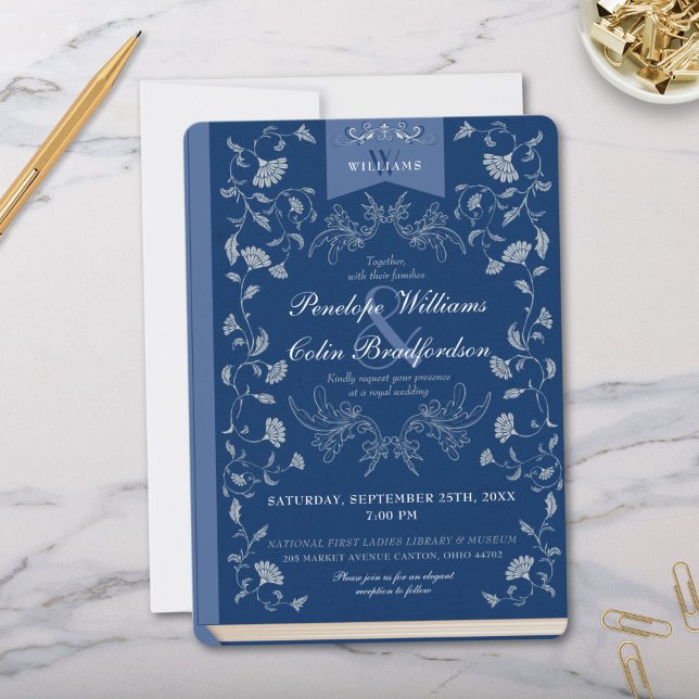 Convites Casamento de Cobrir do Livro Azul Elegante Dusty (Elegant Dusty Blue and White Library Book Cover Formal Wedding Invitation for Royal Fairytale Invite)