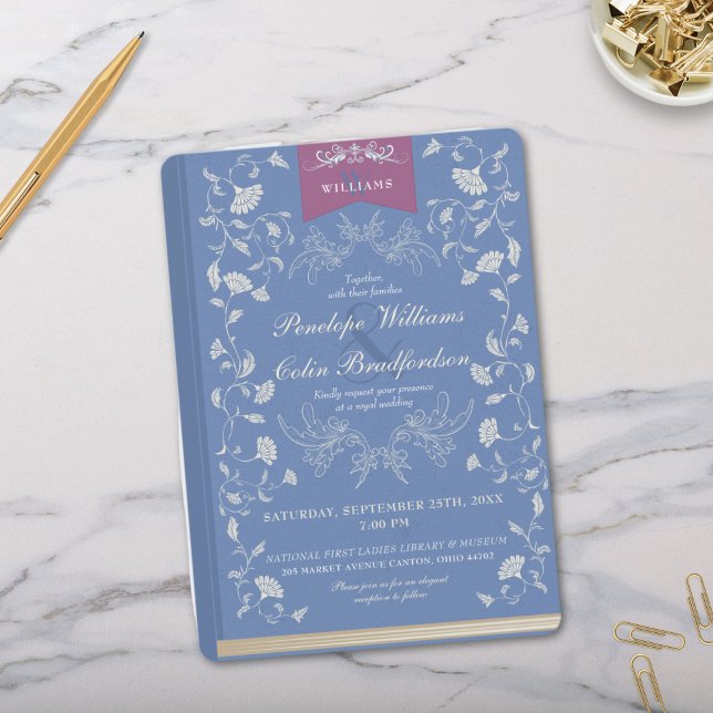 Convites Casamento de Cobrir do Livro Floral Azul Cornflowe (Elegant Light Blue and Purple Wedding Invitation with White Floral Design and Book Cover Aesthetics)