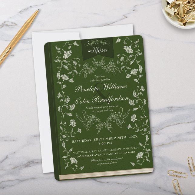 Convites Casamento de Cobrir do Livro Floral Verde Elegante (Elegant Regency Era Green Floral Wedding Invitation with Book Cover Aesthetics and Calligraphy)