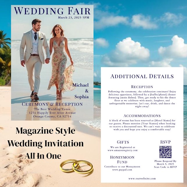 Convites Casamento de Cobrir na Praia (Magazine Cover Wedding on the Beach Invitation (All in one))
