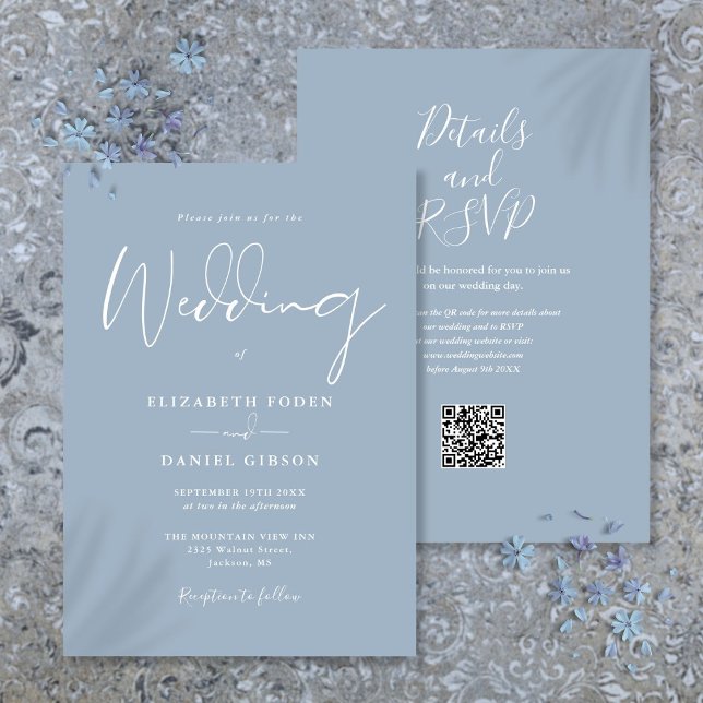Convites Casamento de Código QR Azul com Tudo em Um Dusty (All In One Dusty Blue QR Code Wedding Invitation)