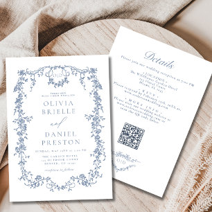 Convites Casamento de Código QR Azul com Tudo em Um Francês