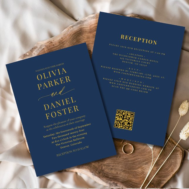 Convites Casamento de Código QR Azul Dourado Tudo em Um Mar (Criador carregado)