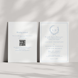 Convites Casamento de Código QR Azul Dusty Crest Monograma 