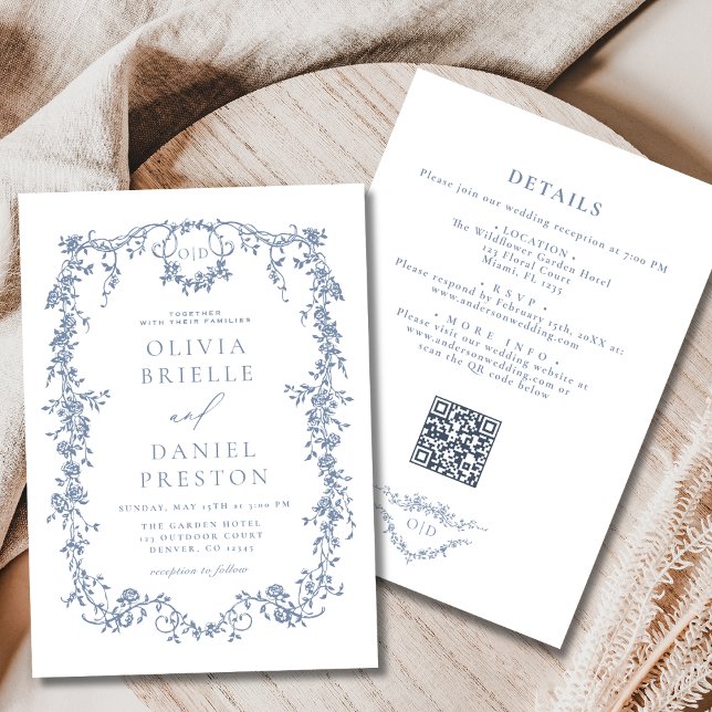 Convites Casamento de Código QR Azul Dusty Vitoriano (Criador carregado)