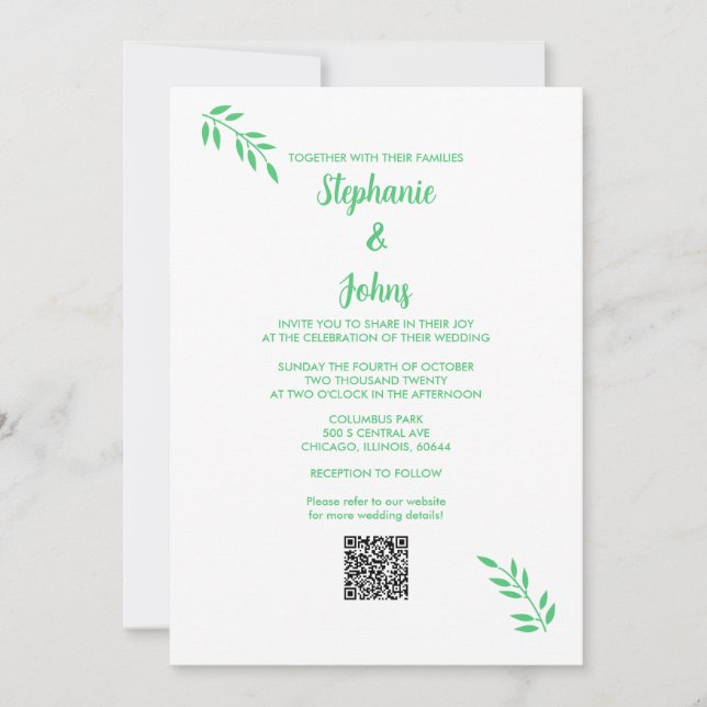 Convites Casamento de Código QR Branco do Script Leaf Verde (Frente)