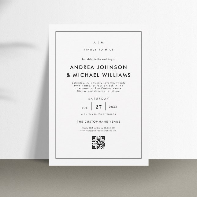 Convites Casamento de Código QR Branco Minimalista (Criador carregado)