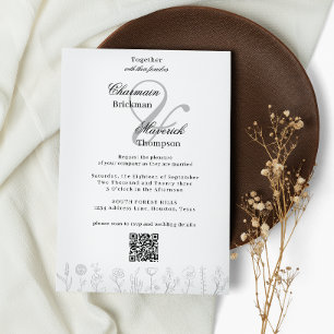 Convites Casamento de Código Qr com Flor Desenhado à Mão Ne