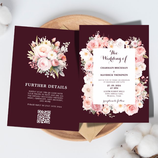 Convites Casamento de Código Qr - Cor-de-Rosa Floral Elegan (Criador carregado)