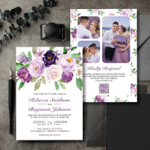 Casamento de Código QR da Colagem Floral Roxo Rúst