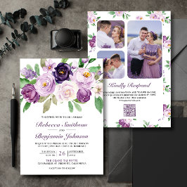 Convites Casamento de Código QR da Colagem Floral Roxo Rúst