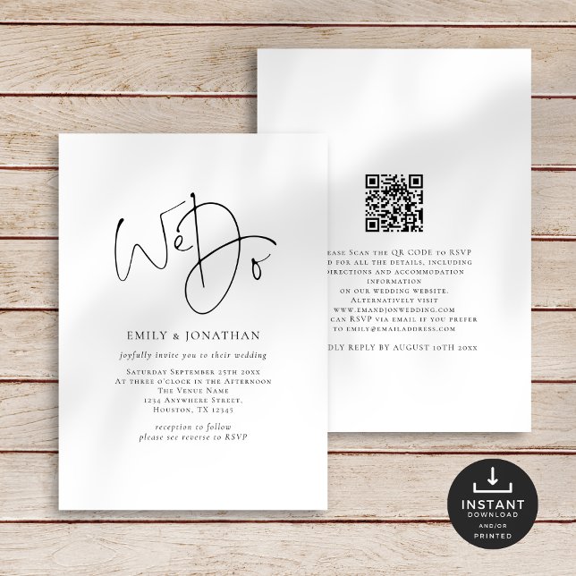 Convites Casamento de Código QR da Linha de Script Elegante (Front and back view)