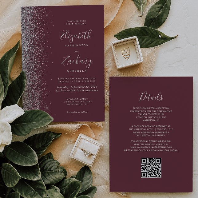 Convites Casamento de Código QR da Modern Silver Glitter Bu (Criador carregado)