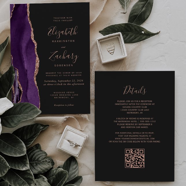 Convites Casamento de Código QR Dark Dark Rosa Dourado Agat (Criador carregado)