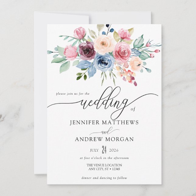 Convites Casamento de Código QR das Flores Azuis Elegantes (Frente)