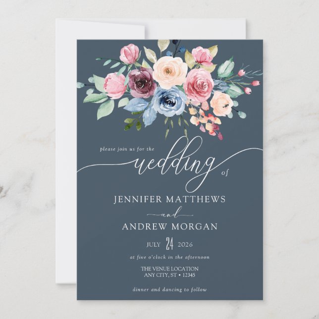 Convites Casamento de Código QR das Flores Azuis Elegantes (Frente)
