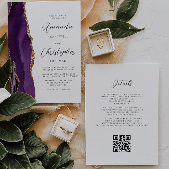 Convites Casamento de Código QR de Agato Dourado Roxo (Criador carregado)