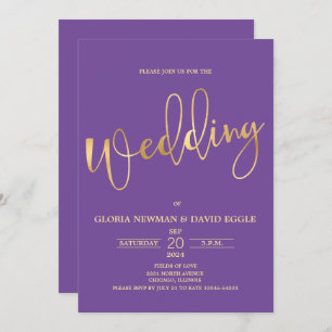 Convites Casamento de Código QR de Escritura Roxa e Dourada