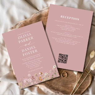 Convites Casamento de Código QR de Flor Selvagem Rosa