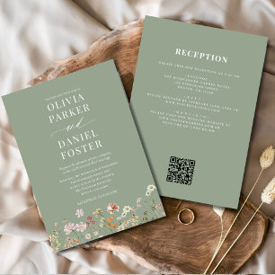 Convites Casamento de Código QR de Flor Selvagem Verde Tudo