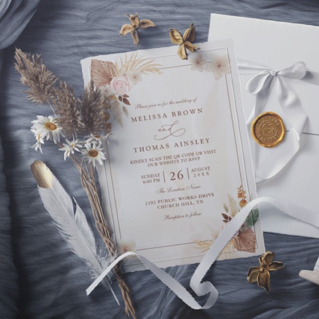 Convites Casamento de Código QR de Flores Boho em Aquarela  (Criador carregado)
