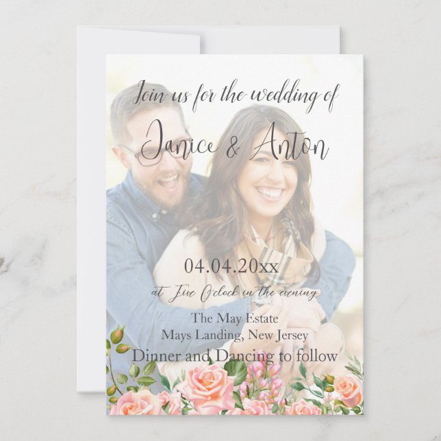 Convites Casamento de Código QR de Foto Botânica Cor-de-Ros (Frente)