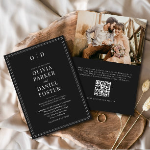 Convites Casamento de Código QR de Foto Branco Preto Elegan