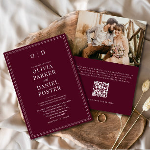Convites Casamento de Código QR de Foto Burgundy Elegante