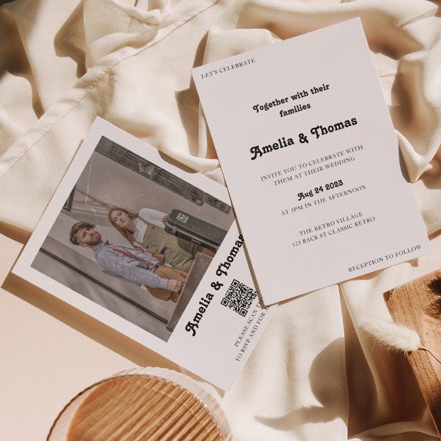 Convites Casamento de Código QR de Foto Clássica do Retro V (Criador carregado)