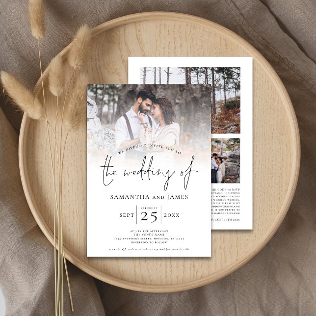 Convites Casamento de Código QR de Foto com Script Minimali (Front and back view)