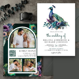 Convites Casamento de Código QR de Foto de Peacock Floral V