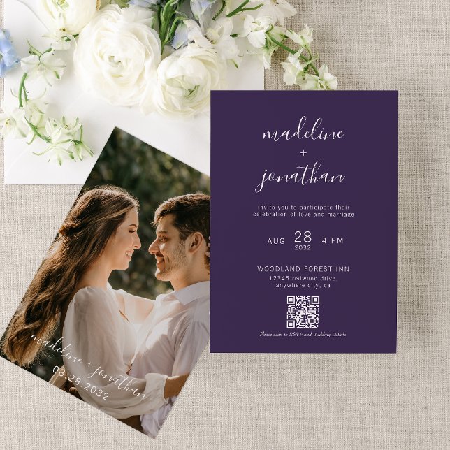 Convites Casamento de Código QR de Foto de Script Roxo Simp (Criador carregado)