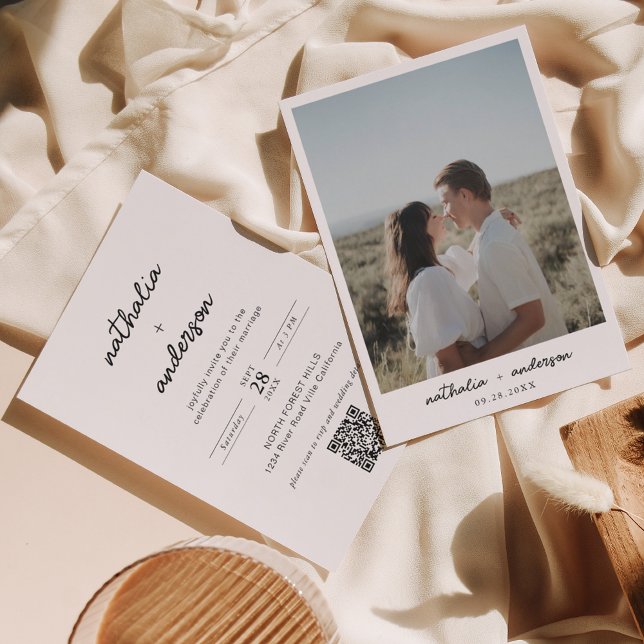 Convites Casamento de Código QR de Foto de Script Simples M (Criador carregado)
