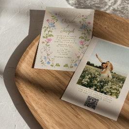 Convites Casamento de Código QR de Foto de Verão Floral Des