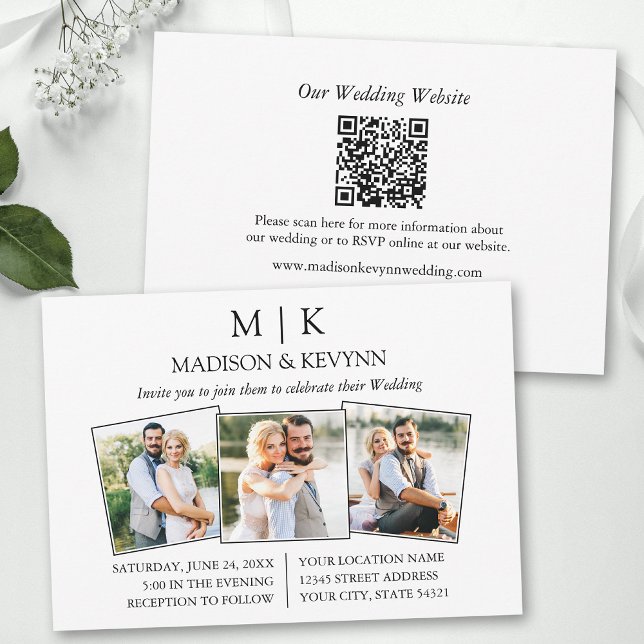 Convites Casamento de Código QR de Foto do Monograma 3 Mini (Add your wedding website or social media web address to the QR Scan Code.)