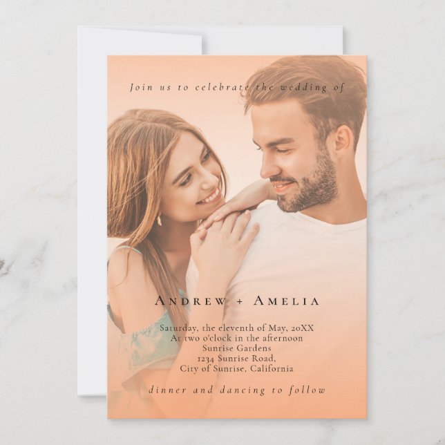 Convites Casamento de Código QR de Foto Elegante Peach Oran (Frente)