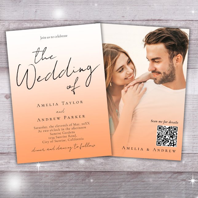 Convites Casamento de Código QR de Foto Elegante Peach Oran (Criador carregado)